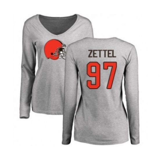 Football Women's Cleveland Browns #97 Anthony Zettel Ash Name & Number Logo Long Sleeve T-Shirt - Jersey