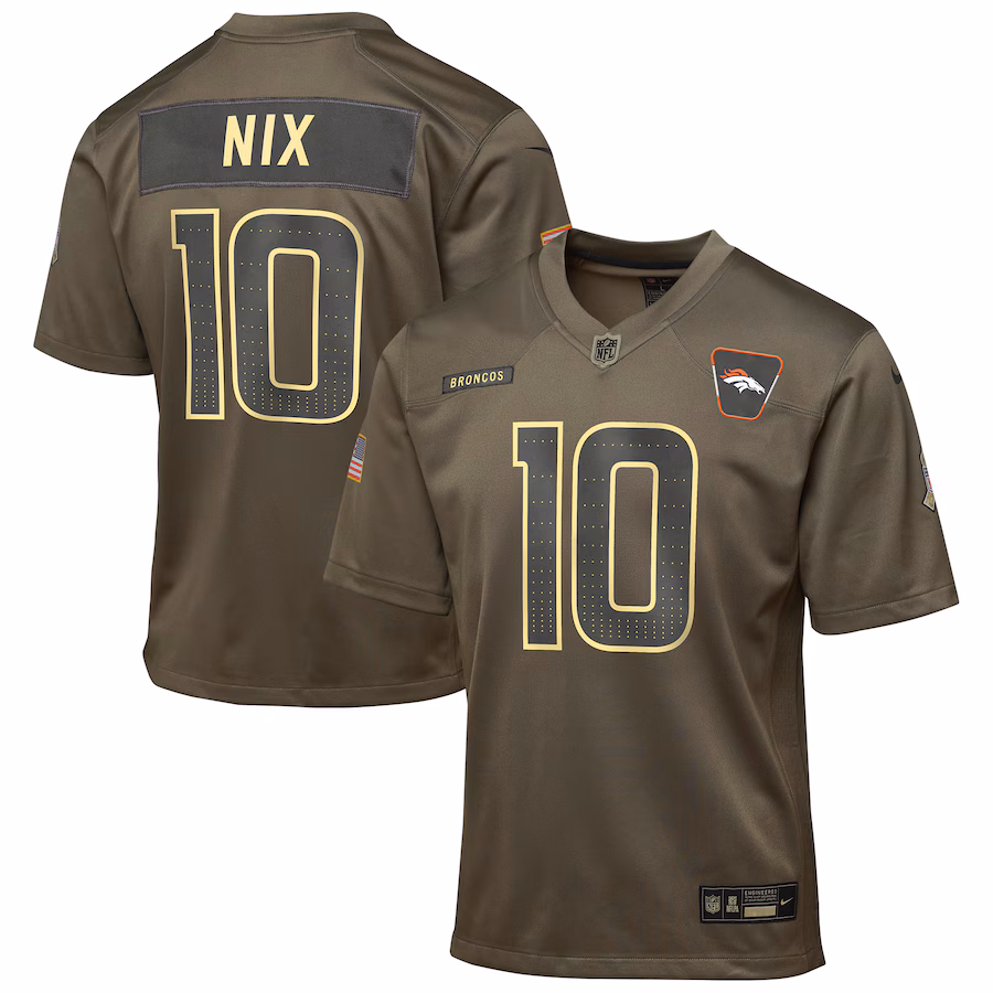 Youth Denver Broncos Bo Nix Nike Olive 2025 Salute to Service Game Jersey - Jersey