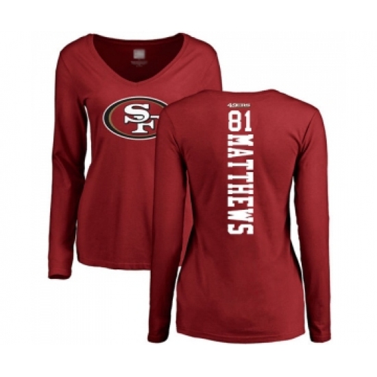 Football Women's San Francisco 49ers #81 Jordan Matthews Red Backer Long Sleeve T-Shirt - Jersey