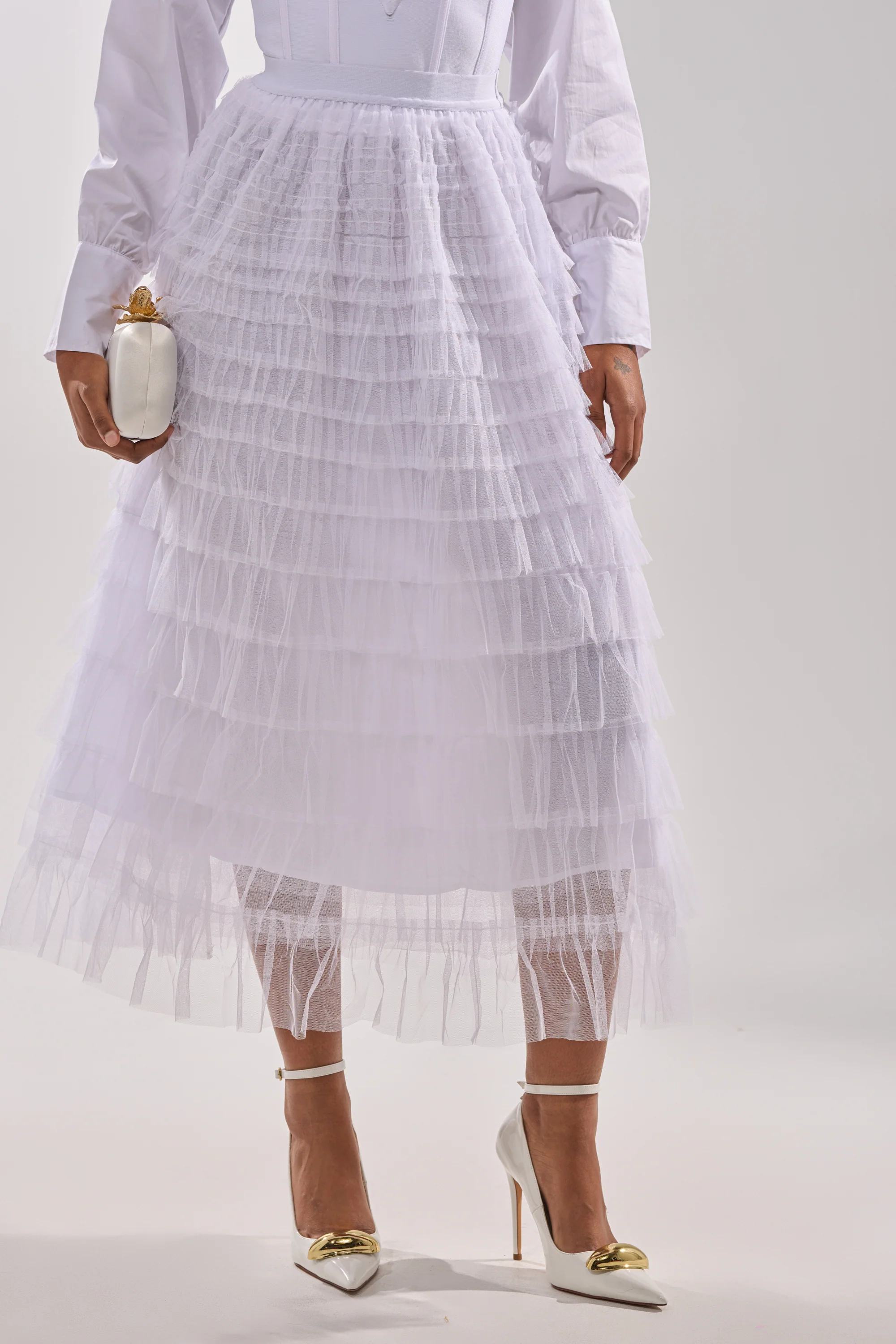 STARS ALIGNED MESH RUFFLE MAXI SKIRT IN WHITE - Akira Wear
