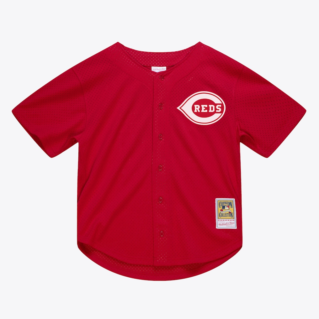Men's Cincinnati Reds Deion Sanders Mitchell & Ness Red Cooperstown Mesh Batting Practice Button-Up Jersey - Jersey