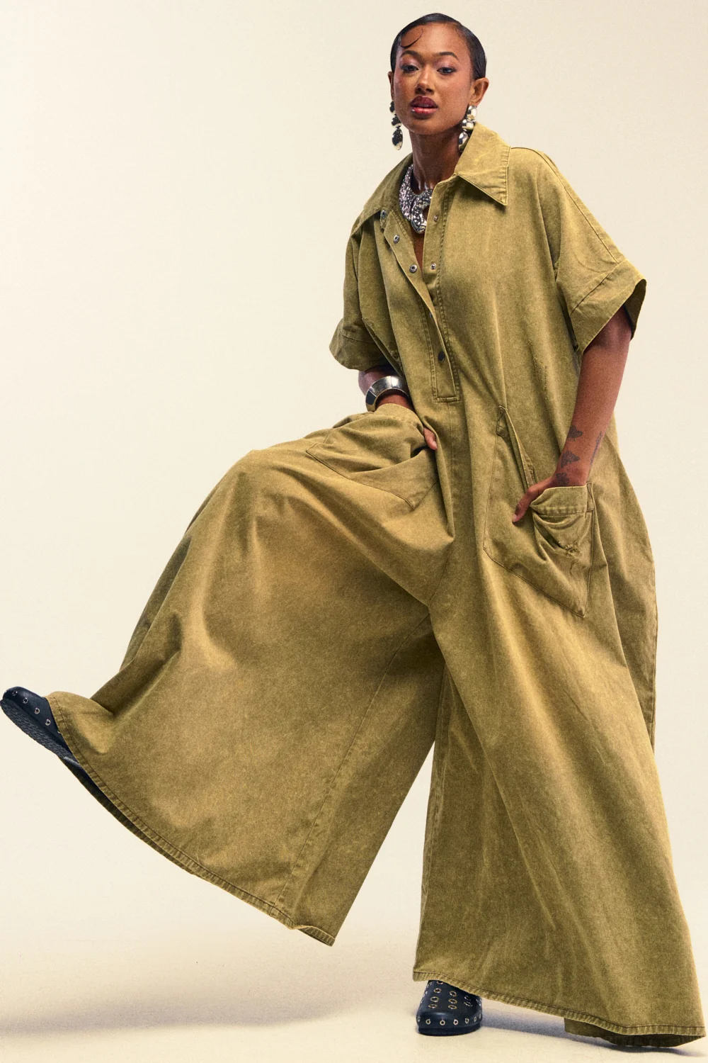 THE BEST OVERSIZED DENIM JUMPSUIT IN OLIVE - Akira Wear