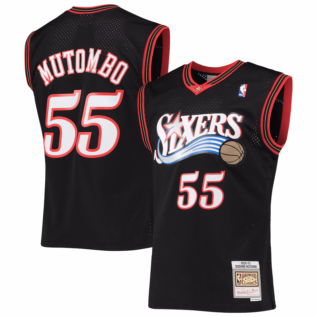 Men's Philadelphia 76ers Dikembe Mutombo Mitchell & Ness Black Hardwood Classics Swingman Jersey - Jersey