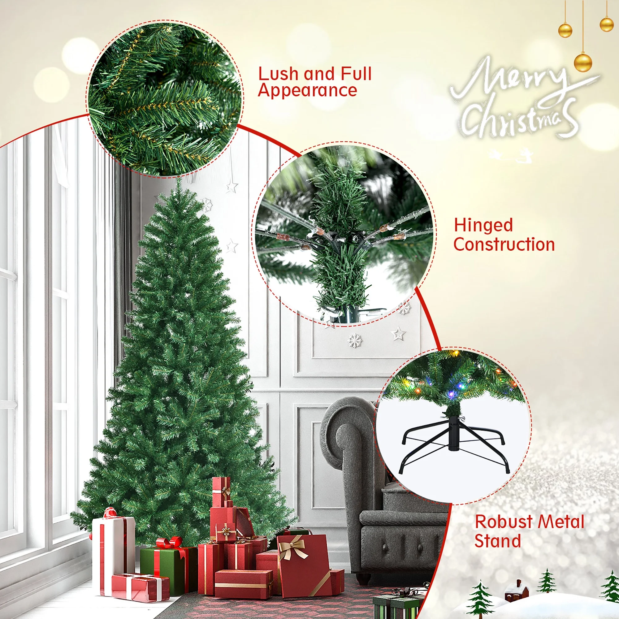 Costway 7ft Pre-lit Hinged Christmas Tree w/ Remote Control & 9 Lighting Modes