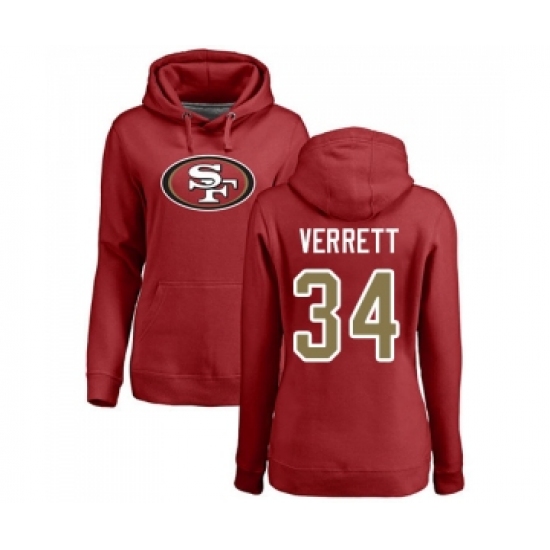 Football Women's San Francisco 49ers #34 Jason Verrett Red Name & Number Logo Pullover Hoodie - Jersey