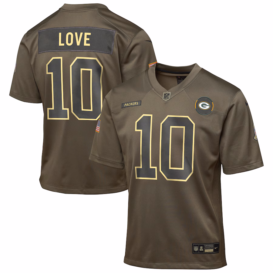 Youth Green Bay Packers Jordan Love Nike Olive 2025 Salute to Service Game Jersey - Jersey