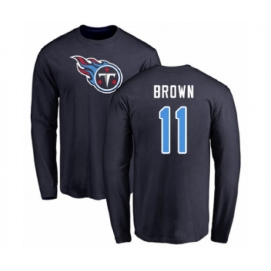Football Tennessee Titans #11 A.J. Brown Navy Blue Name & Number Logo Long Sleeve T-Shirt - Jersey