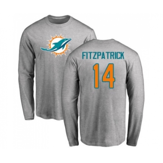 Football Miami Dolphins #14 Ryan Fitzpatrick Ash Name & Number Logo Long Sleeve T-Shirt - Jersey