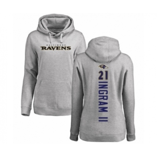 Football Women's Baltimore Ravens #21 Mark Ingram II Ash Backer Pullover Hoodie - Jersey