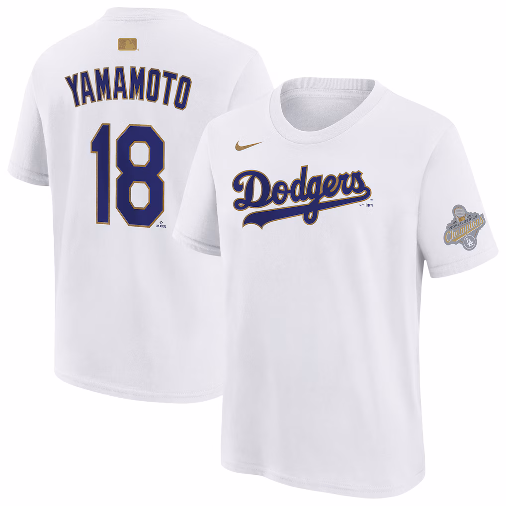 Youth Los Angeles Dodgers Yoshinobu Yamamoto Nike White 2026 Gold Collection Name & Number T-Shirt - Jersey