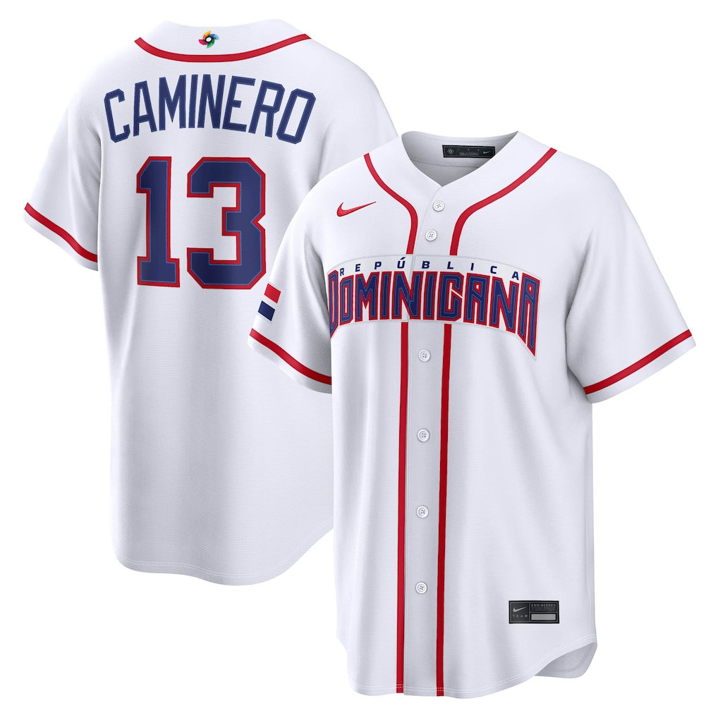 Men's Dominican Republic Baseball Junior Caminero Nike White 2026 World Baseball Classic Home Stadium Jersey - Jersey