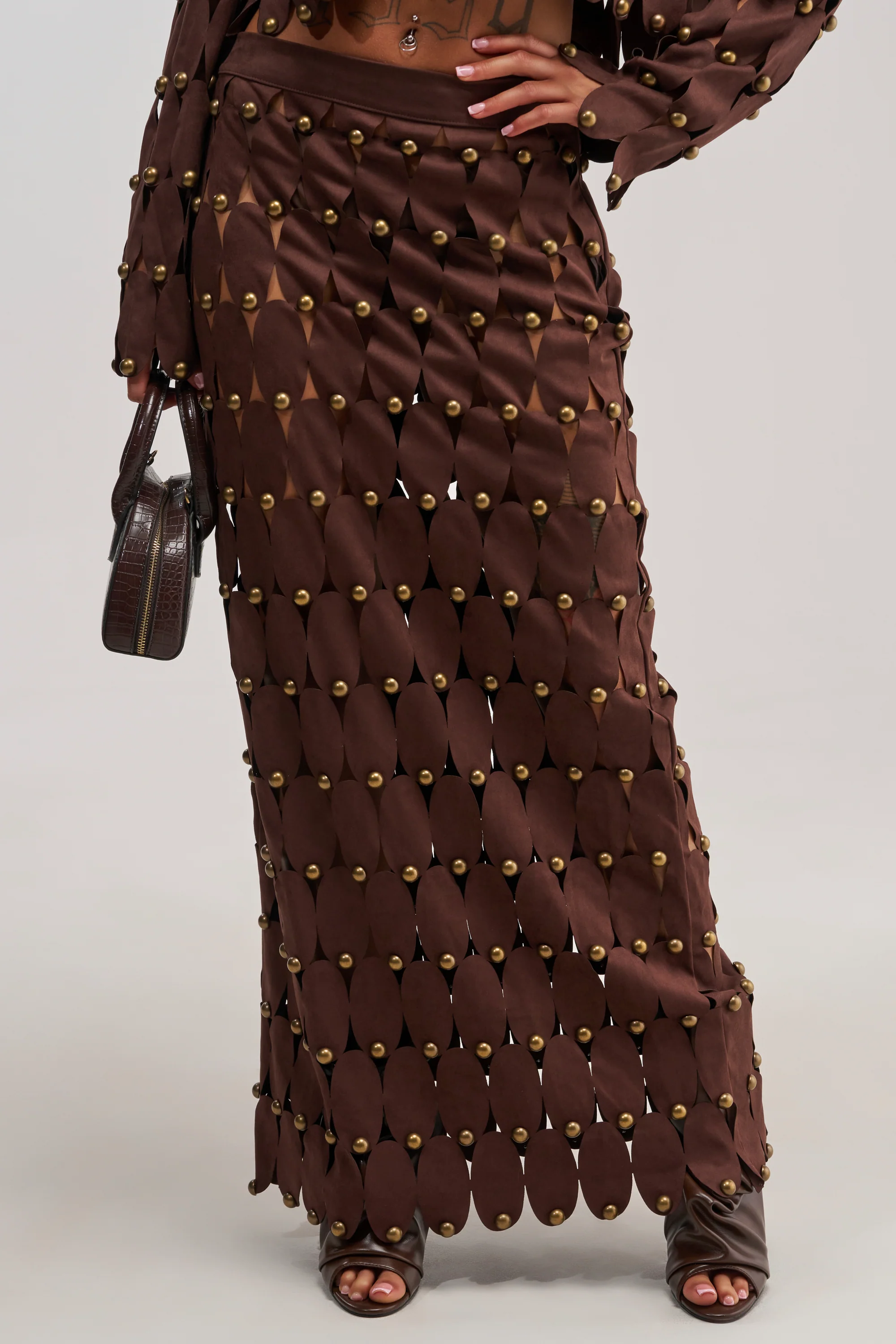 THE SNEAK PEEK STUDDED SUEDE MIDI SKIRT - Akira Wear