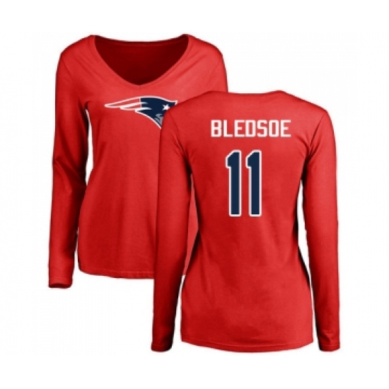 Football Women's New England Patriots #11 Drew Bledsoe Red Name & Number Logo Slim Fit Long Sleeve T-Shirt - Jersey