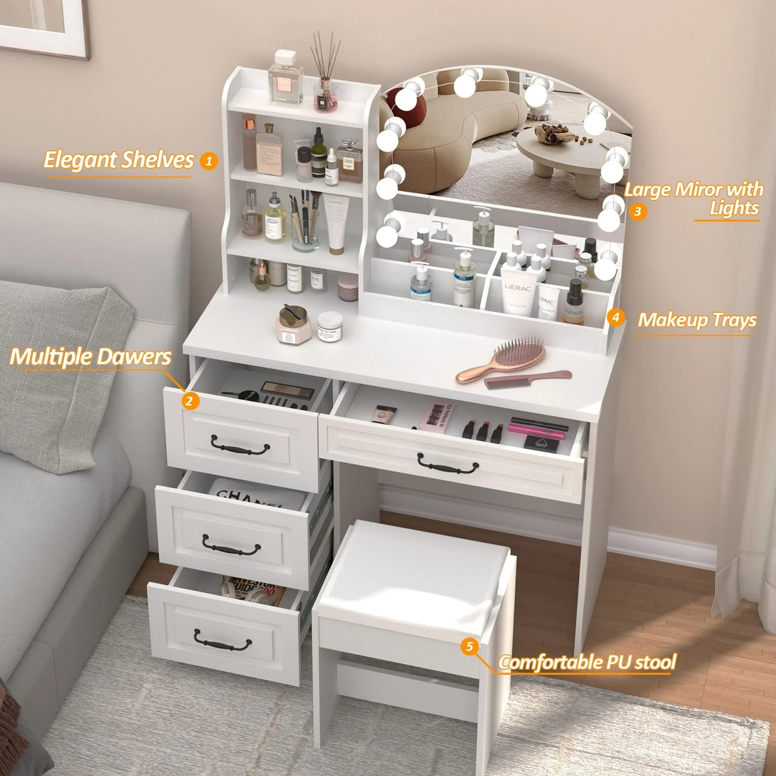 Veanerwood Makeup Vanity Desk with Lights and 4 Drawers, Modern Vanity Table Set, 3 Lighting Colors, 39.4in, White Finish