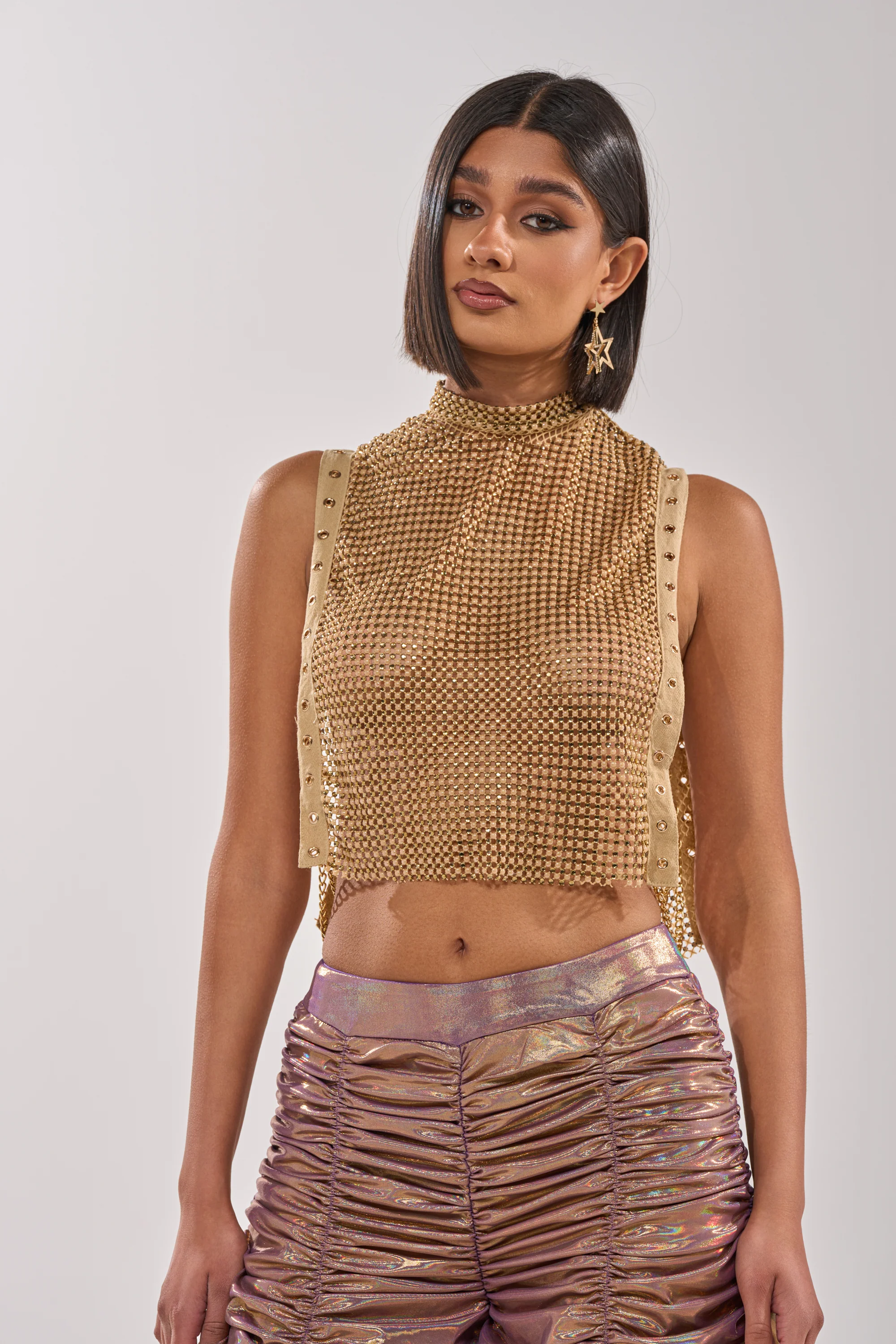 TEARS IN THE CLUB OPEN SIDES MOCK NECK RHINESTONE MESH BLOUSE - Akira Wear