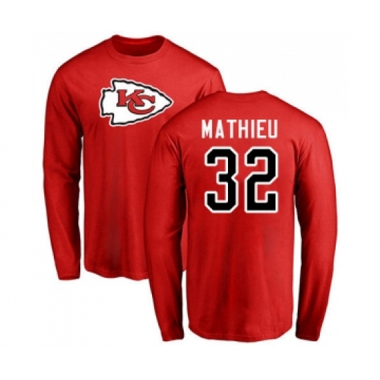 Football Kansas City Chiefs #32 Tyrann Mathieu Red Name & Number Logo Long Sleeve T-Shirt - Jersey