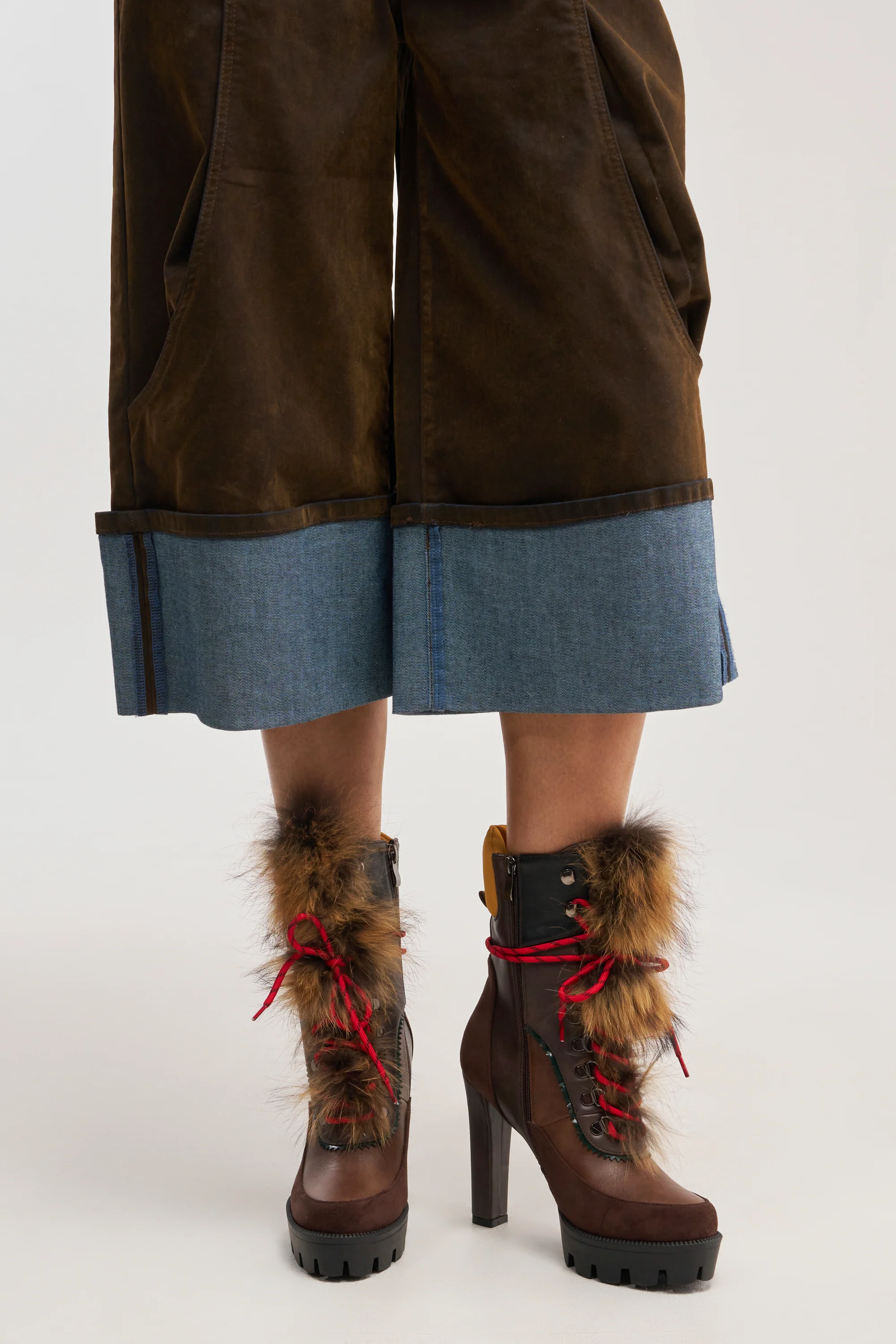 AKIRA GOLD SNUG BROWN MULTI FUR COMBAT BLOCK HEEL - Akira Wear