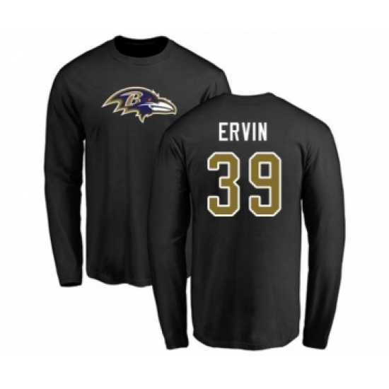 Football Baltimore Ravens #39 Tyler Ervin Black Name & Number Logo Long Sleeve T-Shirt - Jersey