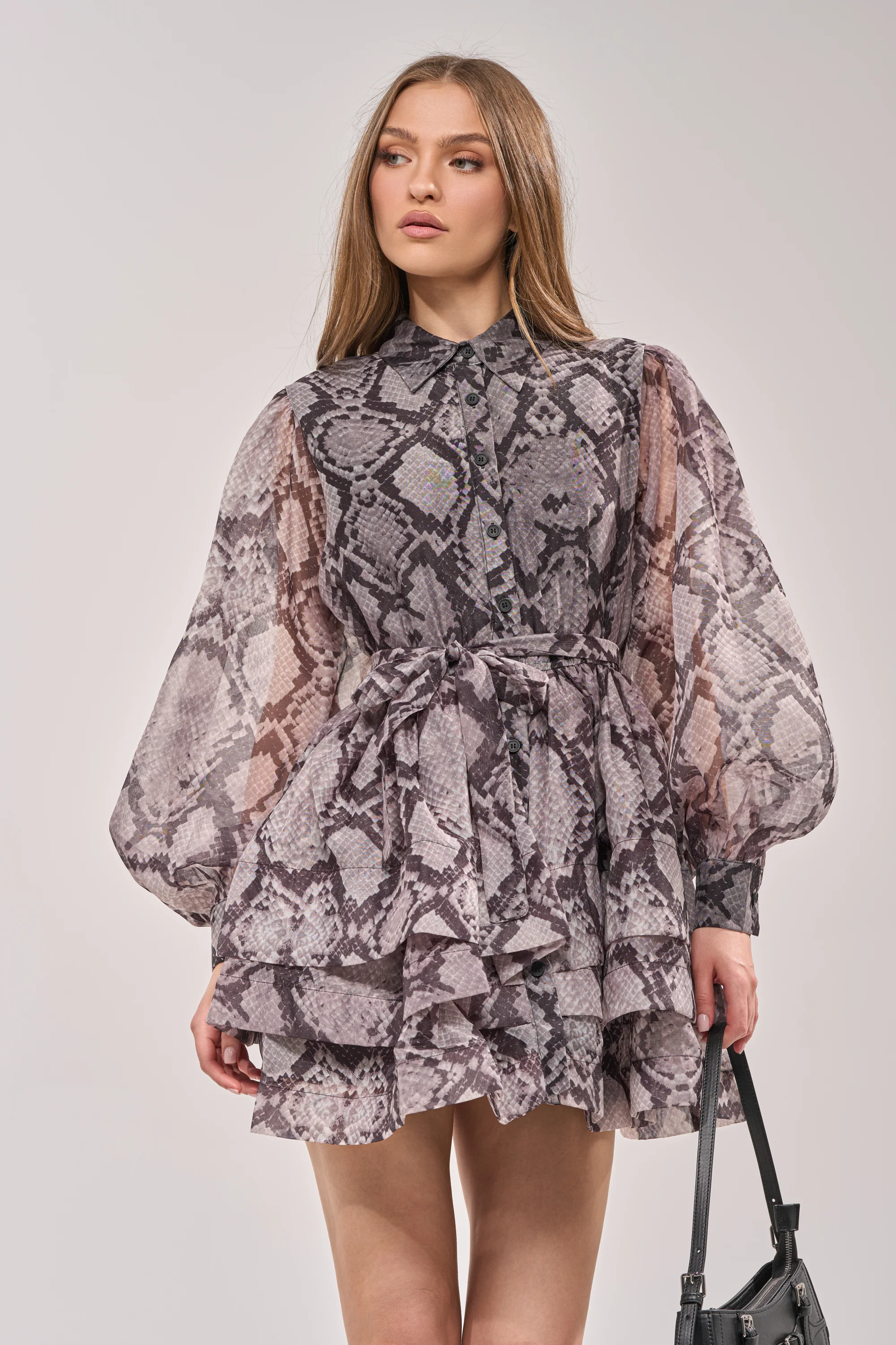IT GIRL CHIFFON RUFFLE MINI DRESS IN SNAKE - Akira Wear