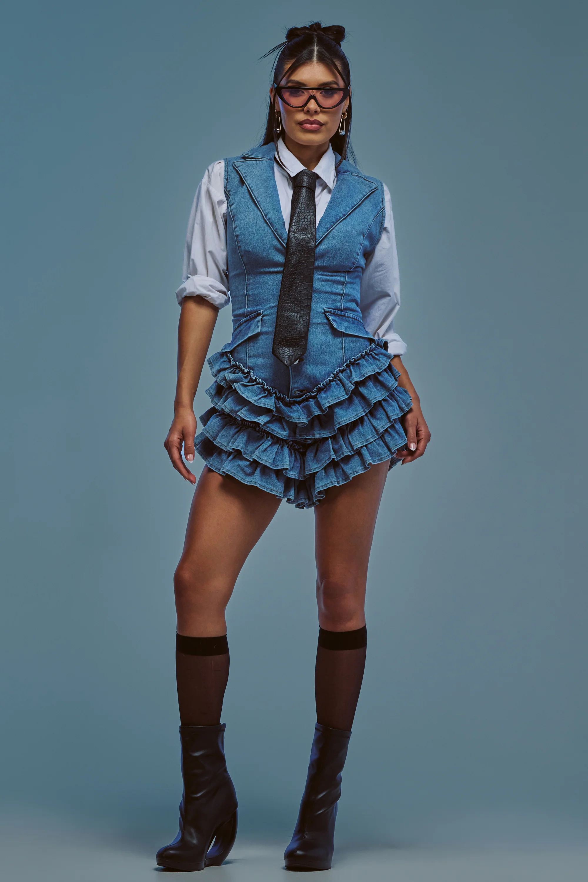 STRICTLY BUSINESS SLEEVELESS ROMPER IN DENIM - Akira Wear