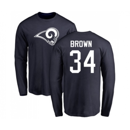 Football Los Angeles Rams #34 Malcolm Brown Navy Blue Name & Number Logo Long Sleeve T-Shirt - Jersey