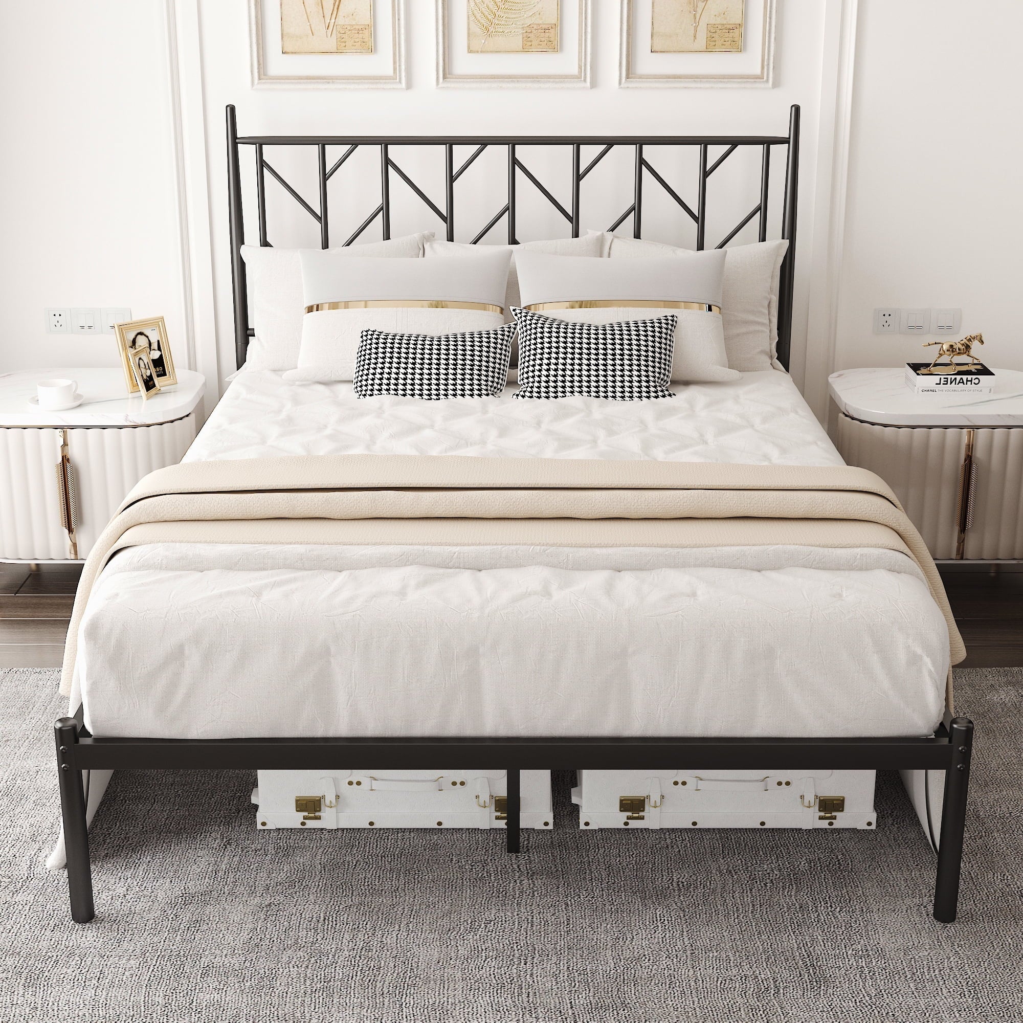 Allewie Black Queen Size Modern Metal Platform Bed Frame with Vintage Headboard and 12'' Under-bed Storage