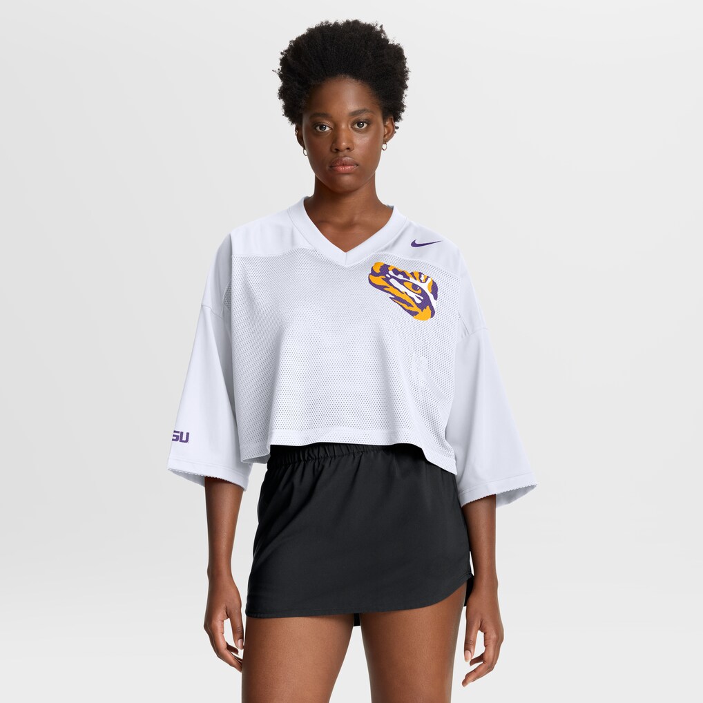 Women's Nike White LSU Tigers Cropped Mesh Dri-FIT Fashion Jersey - Jersey