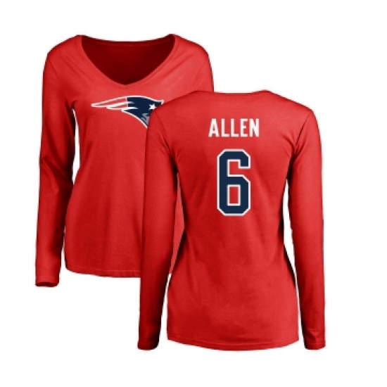 Football Women's New England Patriots #6 Ryan Allen Red Name & Number Logo Slim Fit Long Sleeve T-Shirt - Jersey