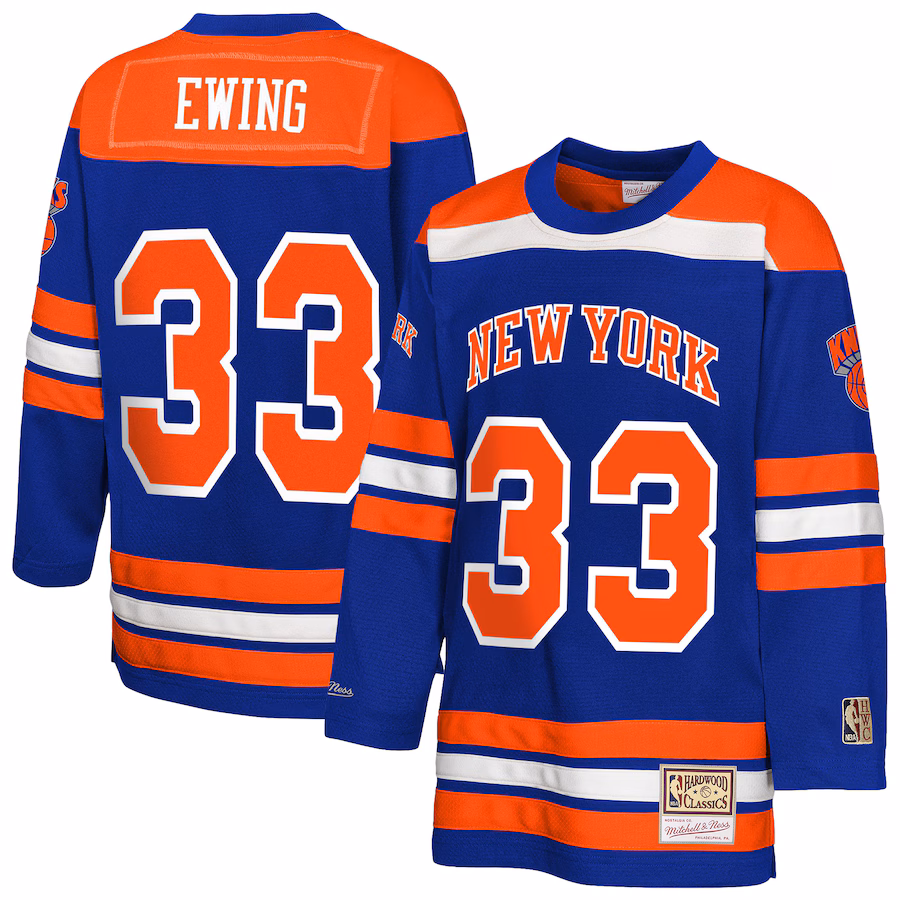 Youth New York Knicks Patrick Ewing Mitchell & Ness Blue Maxxed Out 2.0 Fashion Hockey Jersey - Jersey
