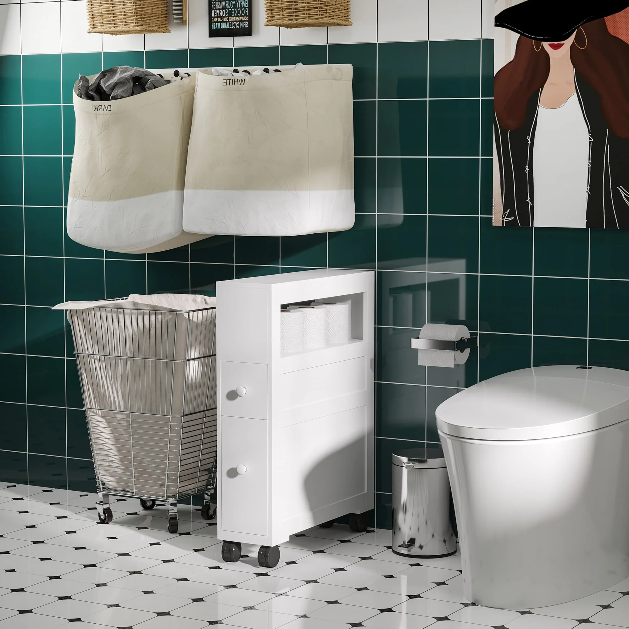 Homcom Wood Rolling Bathroom Side Storage Cabinet, White