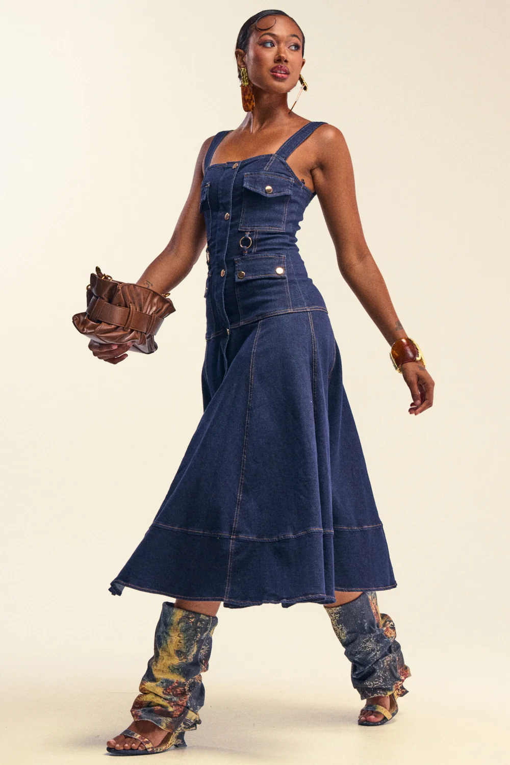 WILDFLOWER DRIFT MIDI DRESS IN DARK BLUE DENIM - Akira Wear
