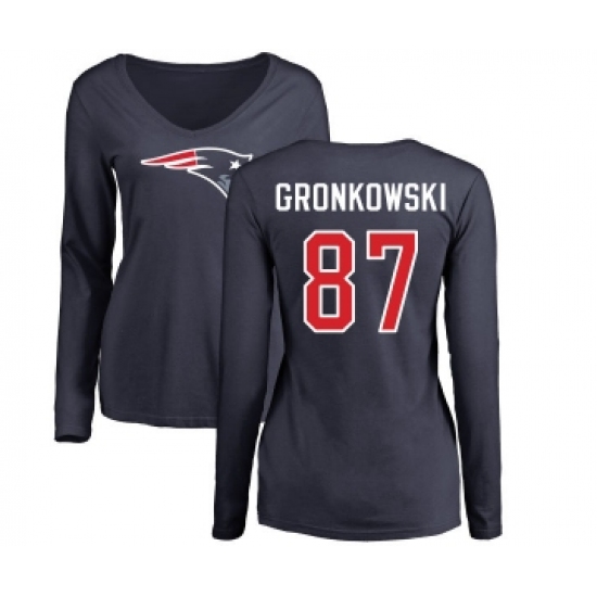 Football Women's New England Patriots #87 Rob Gronkowski Navy Blue Name & Number Logo Slim Fit Long Sleeve T-Shirt - Jersey