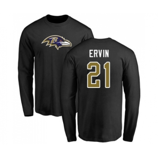 Football Baltimore Ravens #21 Tyler Ervin Black Name & Number Logo Long Sleeve T-Shirt - Jersey