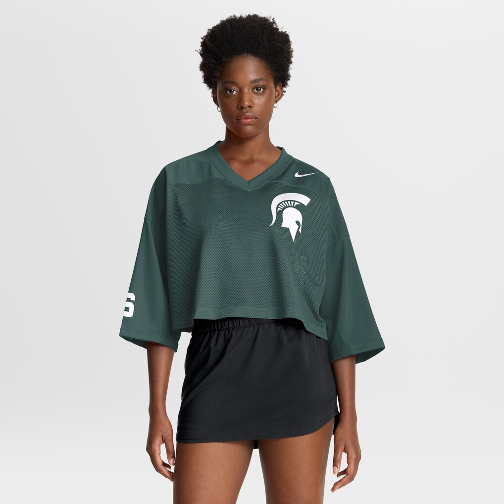 Women's Nike Green Michigan State Spartans Cropped Mesh Dri-FIT Fashion Jersey - Jersey