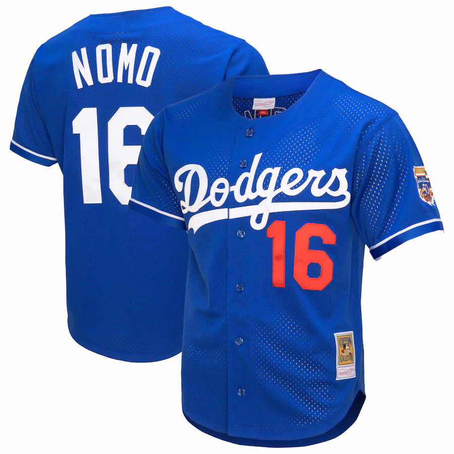Men's Los Angeles Dodgers Hideo Nomo Mitchell & Ness Royal Cooperstown Collection Mesh Batting Practice Button-Up Jersey - Jersey