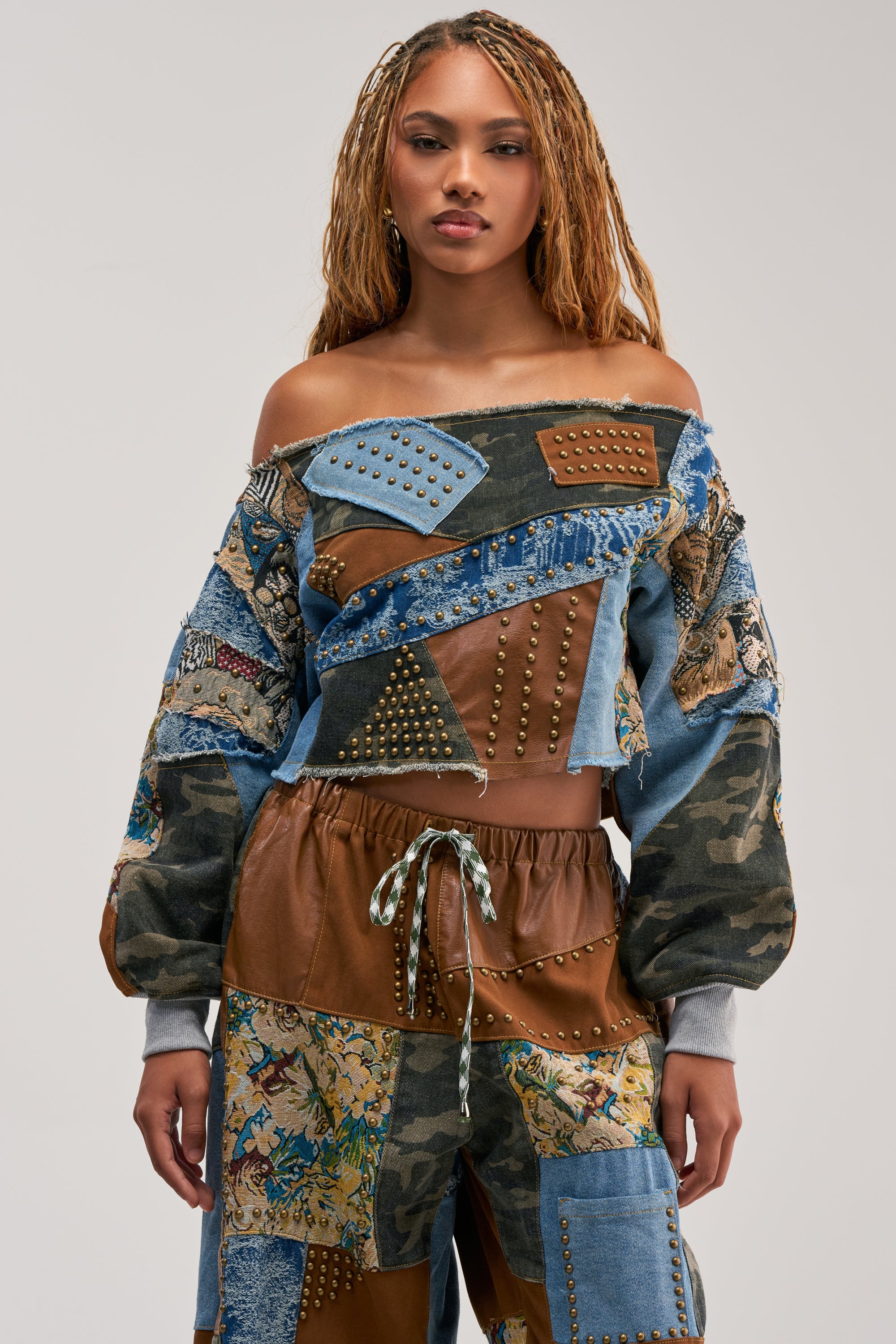 CALL ME CRAZY PATCHWORK OFF THE SHOULDER SWEATSHIRT IN BROWN MULTI - Akira Wear