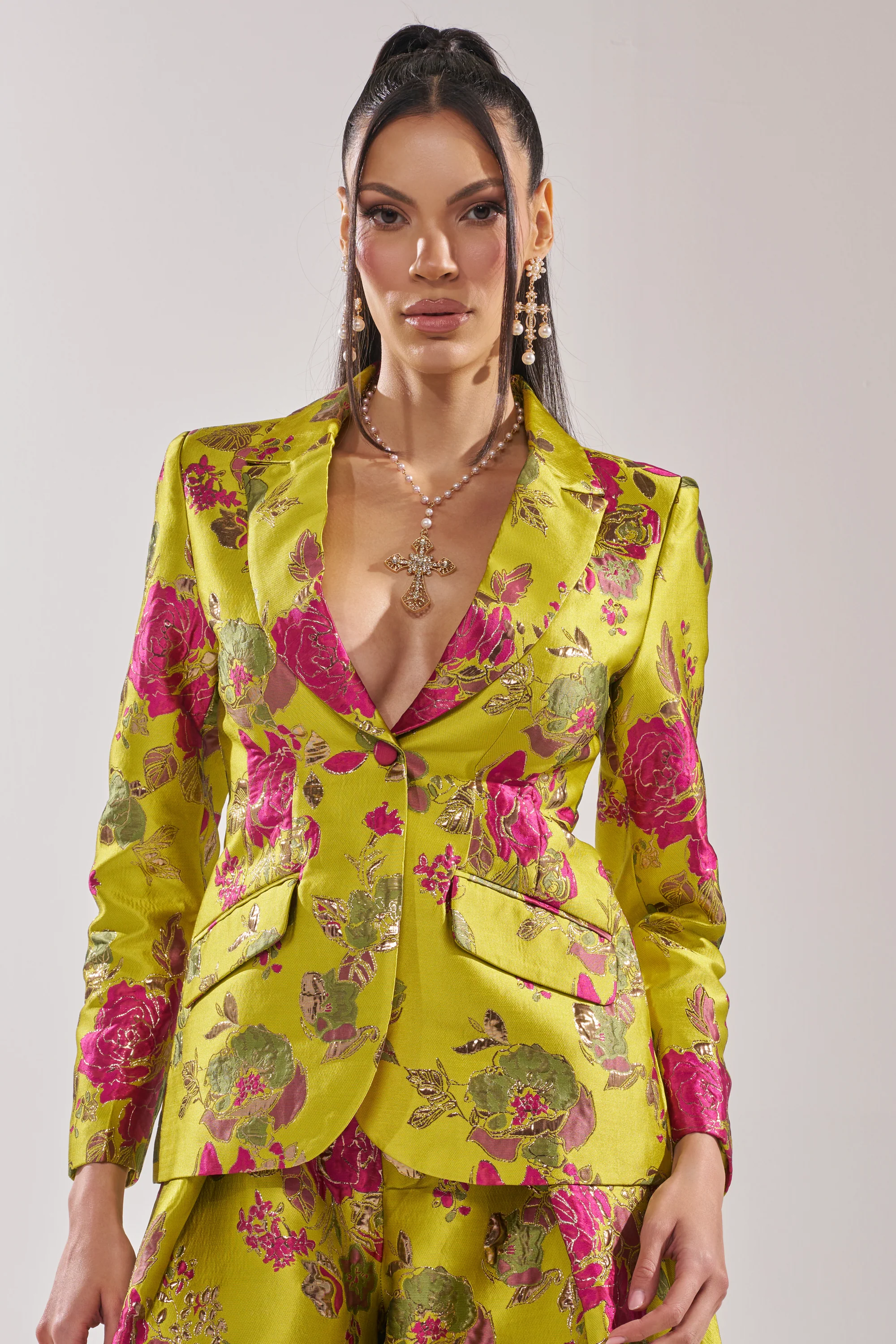 BUY MYSELF FLOWERS BROCADE BLAZER IN LIME - Akira Wear