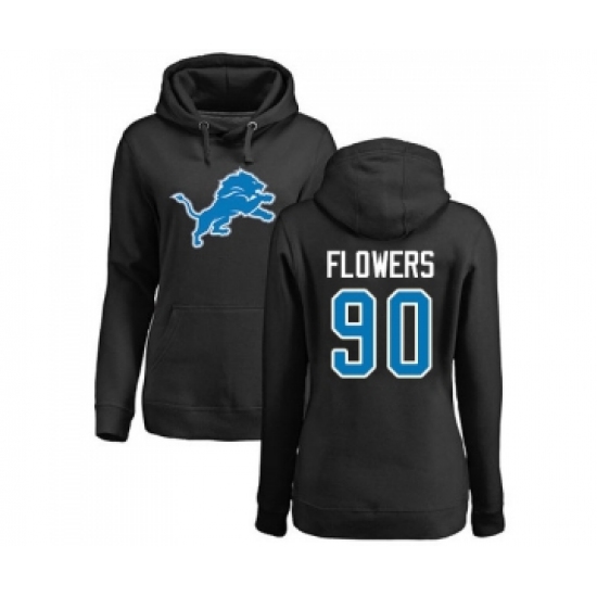 Football Women's Detroit Lions #90 Trey Flowers Black Name & Number Logo Pullover Hoodie - Jersey