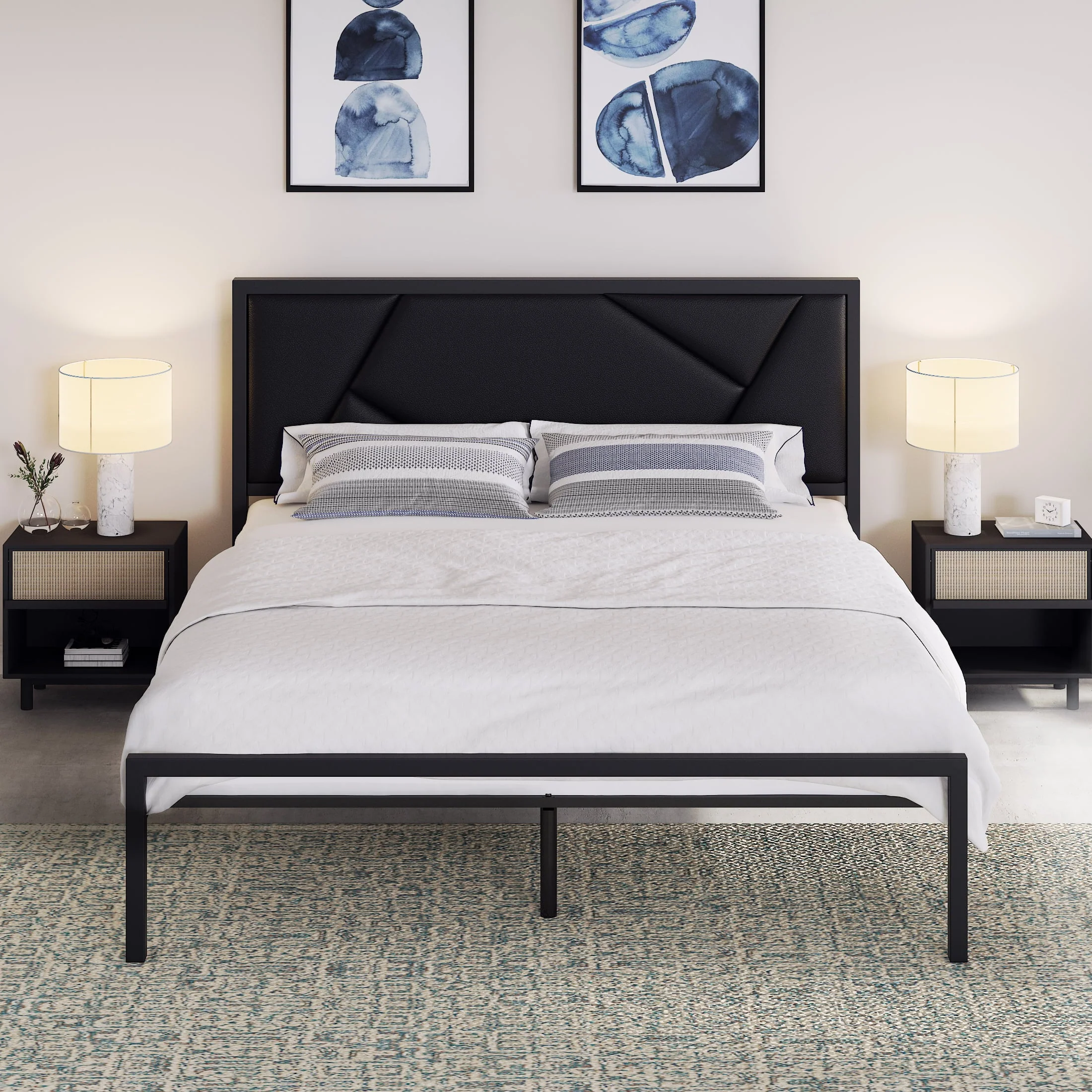 Allewie Modern Black Queen Size Metal Bed Frame with Geometric Litchi Grain Leather Headboard, 12