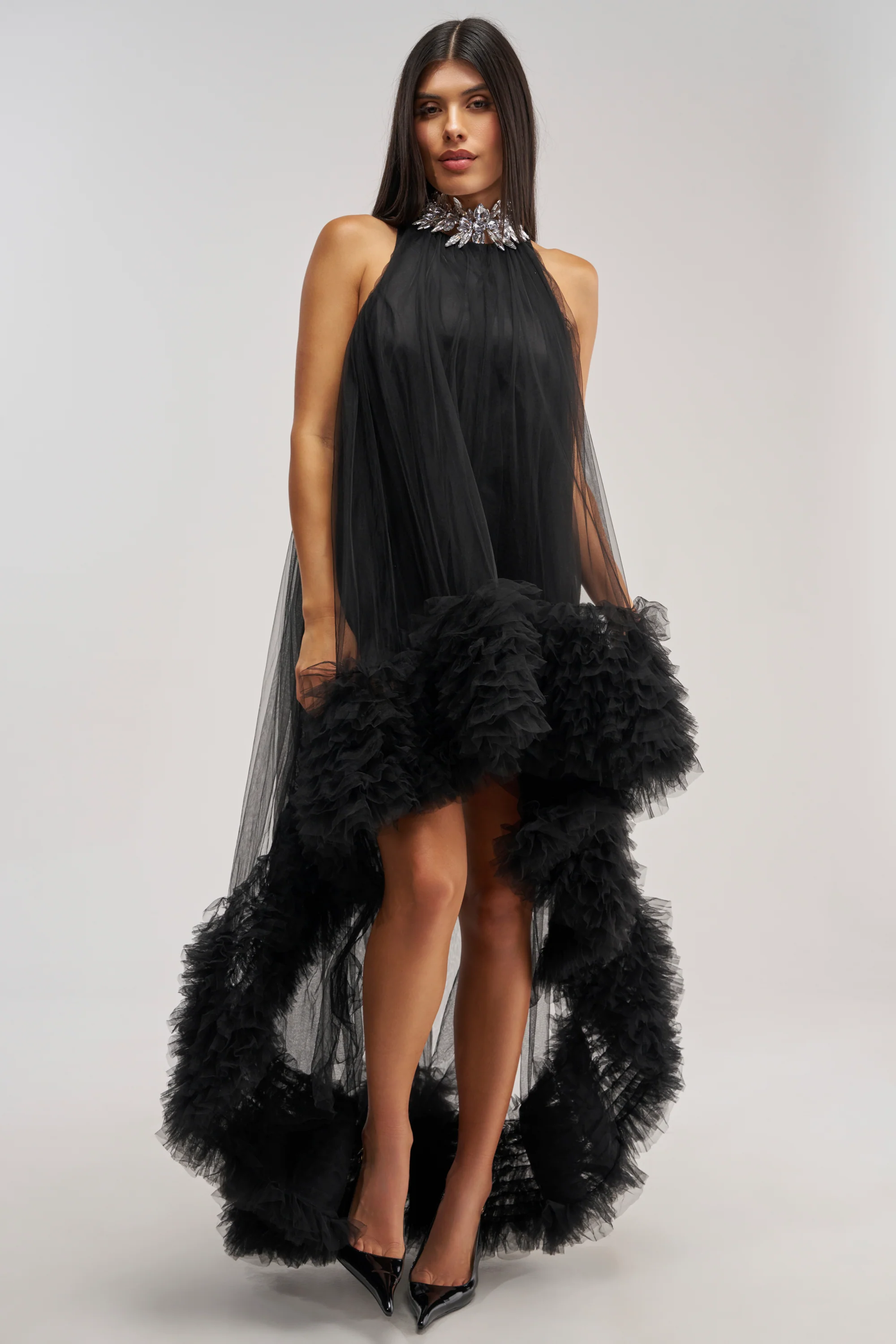 ARI TULLE RUFFLE HIGH LOW DRESS IN BLACK - Akira Wear