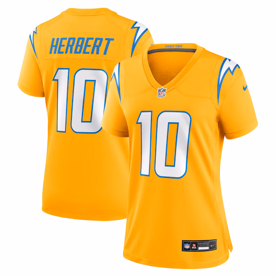 Women's Los Angeles Chargers Justin Herbert Nike Gold Alternate Charger Power Game Jersey - Jersey