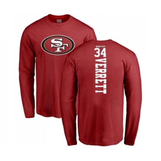 Football San Francisco 49ers #34 Jason Verrett Red Backer Long Sleeve T-Shirt - Jersey