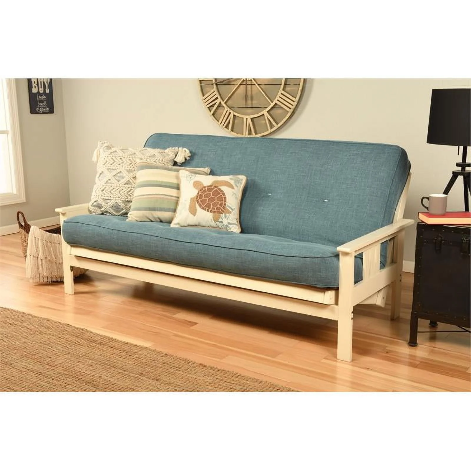 Pemberly Row Cotton and Foam Full Futon Mattress with Linen Blue Fabric Cover