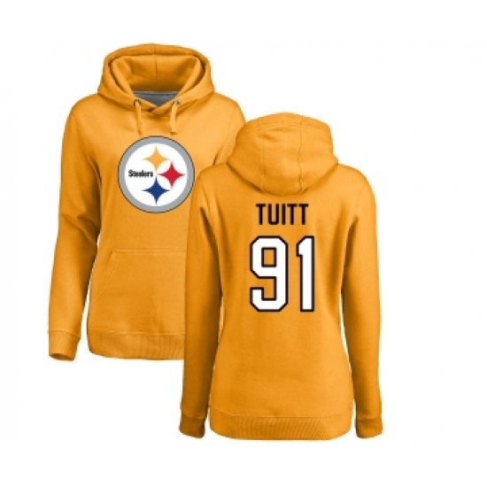 Football Women's Pittsburgh Steelers #91 Stephon Tuitt Gold Name & Number Logo Pullover Hoodie - Jersey