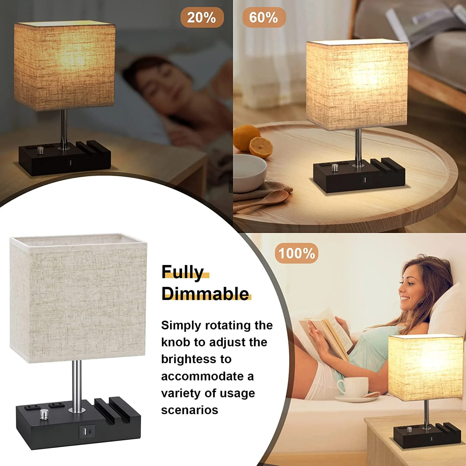 Bedside Table Lamp for Bedroom with Dual Fast USB Charging Ports, Fully Dimmable Nightstand Lamps with 2 Phone Stands and 2 Charging Outlets, Desk lamp with Fabric Shade for Living Room