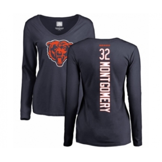 Football Women's Chicago Bears #32 David Montgomery Navy Blue Backer Long Sleeve T-Shirt - Jersey