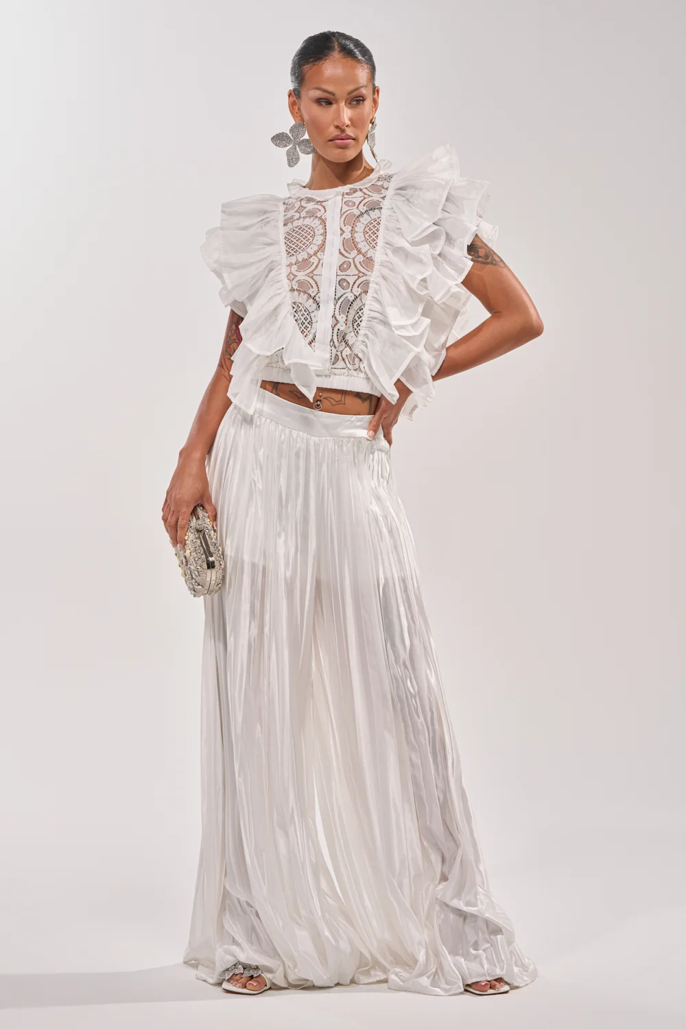 CALLED OUT SATIN PLEATED PALAZZO PANT IN WHITE - Akira Wear