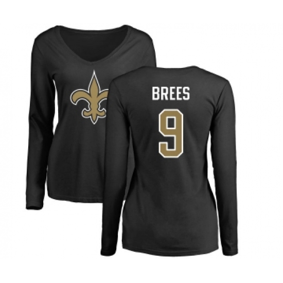 Football Women's New Orleans Saints #9 Drew Brees Black Name & Number Logo Slim Fit Long Sleeve T-Shirt - Jersey