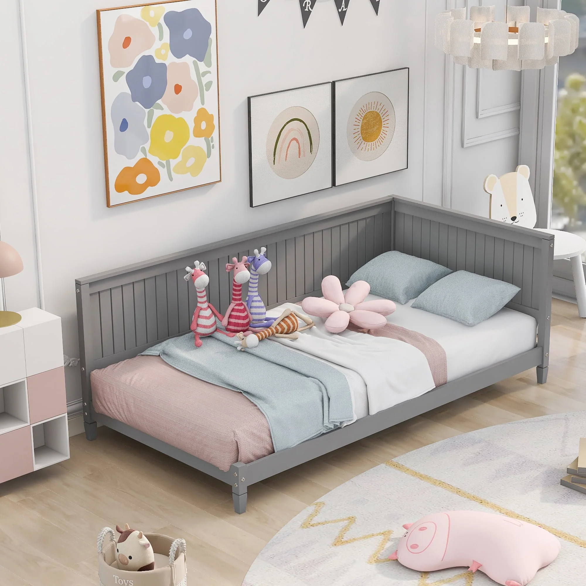 Sesslife Gray Daybed, Twin Size Solid Wood Sofa Bed Frame for Kids Teens Adults, Modern L-shape Daybed with Wooden Slats, No Box Spring Needed, 400lbs Capacity