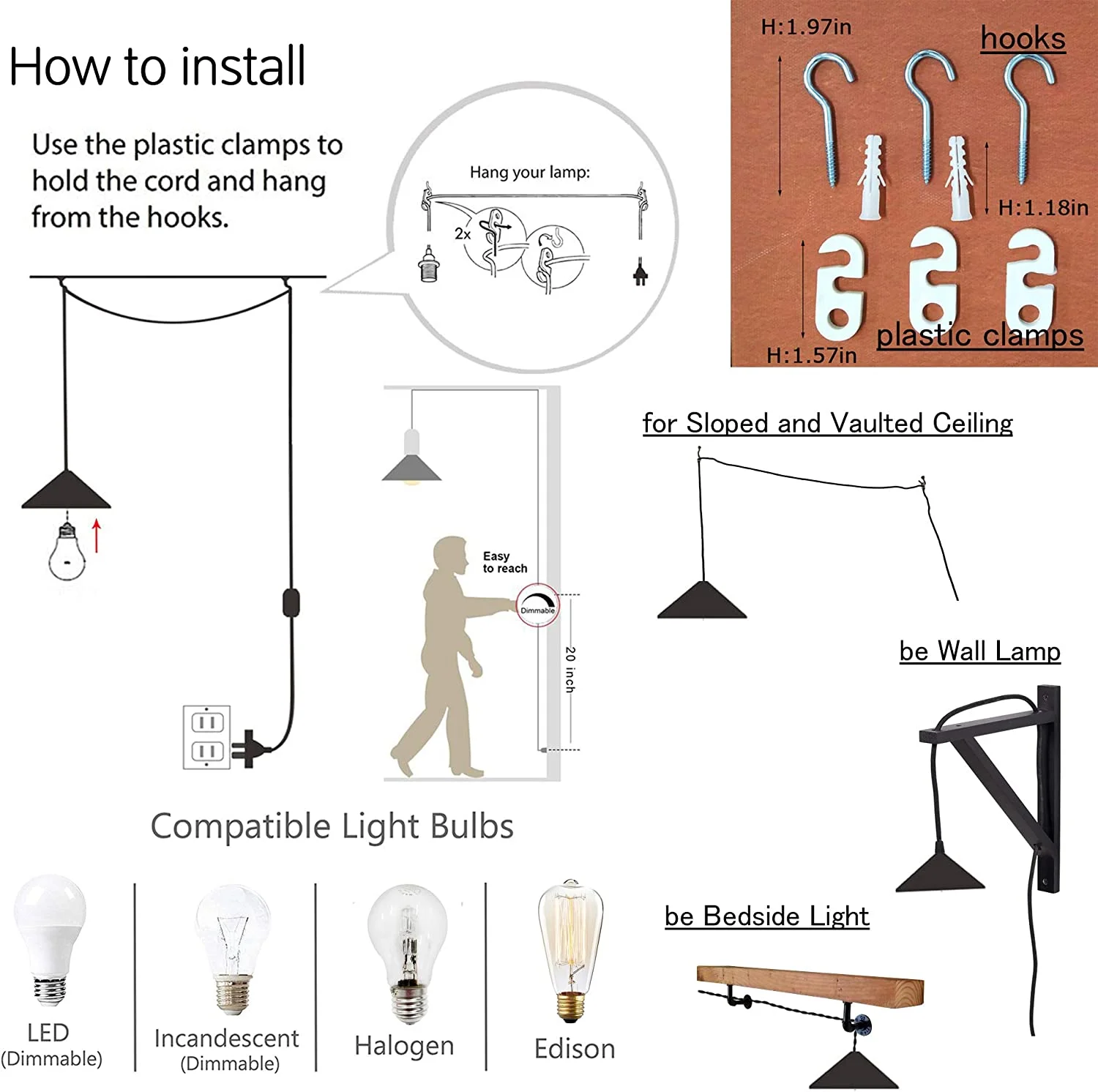 FSLiving Dimmable Hanging Swag Ceiling Lamp with Twine Natural Rattan Brown Lampshade Portable Plug-in Pendant Light with 15ft Cord Modern Farmhouse Lamp for Dining Table - 1 Light